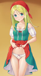  1girl bare_shoulders blonde_hair blush breasts cleavage collarbone dragon_quest dragon_quest_xi dress emma_(dq11) head_scarf highres lifted_by_self long_hair looking_at_viewer medium_breasts n.g. panties parted_lips puffy_short_sleeves puffy_sleeves short_sleeves solo straight_hair underwear white_panties  rating:Sensitive score:13 user:creck