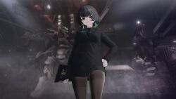  1girl absurdres allmind_(armored_core_6) armored_core armored_core_6 artist_request black_hair black_necktie black_suit bob_cut earrings formal green_eyes hand_on_own_hip highres jewelry looking_at_viewer mole mole_under_eye necktie office_lady pantyhose skirt smirk solo suit tagme  rating:General score:5 user:cheesy_pizza