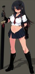 1girl bare_legs black_hair boots breasts choker clenched_teeth commentary_request ear_piercing covered_erect_nipples eyepatch full_body gauntlets gradient_hair groin hair_over_one_eye horns large_breasts long_hair looking_at_viewer midriff multicolored_hair navel null_(nyanpyoun) original piercing pregnant red_hair school_uniform serafuku sheath sheathed simple_background single_horn skirt solo suggestive_fluid sweatdrop sword teeth two-tone_hair weapon rating:Questionable score:78 user:danbooru