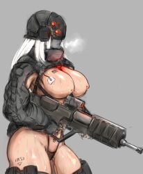  1girl ammunition_pouch armpit_cutout armpits assault_rifle barcode barcode_tattoo bare_hips belt between_breasts breast_tattoo breasts breasts_apart breath clothing_cutout combat_doll_(sirpetus) covered_face cowboy_shot cyborg faceless faceless_female female_soldier from_side grey_background gun helmet highleg highleg_panties highres holding holding_weapon jacket large_breasts long_hair mask military_jacket military_uniform mind_control nipple_piercing nipples number_tattoo numbered panties piercing pouch pubic_tattoo revealing_clothes rifle sex_toy sirpetus soldier solo standing strap_between_breasts sweat tactical_clothes tattoo thick_thighs thighhighs thighs topless underwear uniform vibrator weapon white_hair 