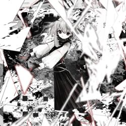  052_(saniiiwan) 1girl abstract absurdres black_dress black_gloves colored_skin dress gloves grey_hair greyscale highres light_particles monochrome original solo white_skin 