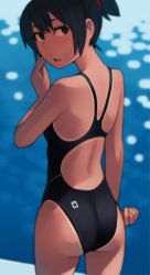 1girl ass back back_focus black_hair black_one-piece_swimsuit blue_eyes commentary_request competition_swimsuit cowboy_shot from_behind kuroha_(lvi) looking_at_viewer looking_back lvi one-piece_swimsuit one-piece_tan open_mouth original ponytail revision short_hair short_ponytail solo standing swimsuit tan tanline rating:Sensitive score:23 user:danbooru