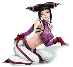  1girl black_hair bracelet gloves han_juri jewelry licking_lips looking_at_viewer purple_eyes short_hair solo spiked_bracelet spikes street_fighter tetsuko_(jukai) tongue tongue_out twintails 