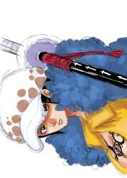  1girl black_hair breast_tattoo breasts cape closed_mouth fur_cape fur_hat genderswap genderswap_(mtf) hat highres holding holding_sword holding_weapon katana large_breasts looking_at_viewer namnam_op one_piece shirt short_hair sideways solo sword tattoo trafalgar_law weapon yellow_eyes yellow_shirt 