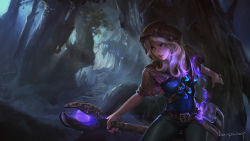  1girl alternate_costume antlers armlet artist_name bag belt belt_pouch blonde_hair blue_eyes capelet cloak dappled_sunlight expressionless fire forest glowing highres holding hood leaf league_of_legends lips liquid luc_pinkey_(artist) lucpinkey_l lux_(league_of_legends) magic monster nature outdoors parted_lips pocket pouch purple_fire rod skeleton solo_focus spellthief_lux staff sunlight teeth test_tube torn_clothes tree vial wand  rating:Sensitive score:10 user:danbooru