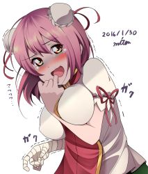 1girl :d arm_between_breasts bandaged_arm bandages between_breasts blouse blush breast_lift breasts bun_cover chinese_clothes commentary_request double_bun highres ibaraki_kasen imminent_rape large_breasts miton_(turuyasann) nervous_smile open_mouth pink_hair red_eyes shaded_face shadow shirt short_sleeves skirt smile solo tabard tears touhou trembling turn_pale wavy_mouth rating:Sensitive score:12 user:danbooru