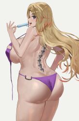  1girl absurdres ass bikini blonde_hair blue_eyes breasts butt_crack commission cowboy_shot food gradient_hair highres holding holding_food holding_popsicle huge_ass huge_breasts hyuzky katerina_ozerov mole mole_above_mouth multicolored_hair orange_hair popsicle profile purple_bikini sharp_teeth simple_background smile spine swimsuit tatakau_ataisuru teeth wardrobe_malfunction white_background 