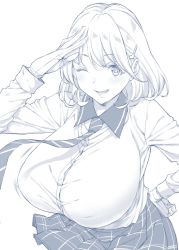 10s 1girl breasts greyscale hair_ornament hairclip highres huge_breasts monochrome mushi024 narusawa_ryouka necktie occultic;nine one_eye_closed salute school_uniform shirt_tucked_in short_hair skirt smile solo rating:Questionable score:44 user:danbooru