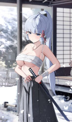  1girl absurdres adjusting_skirt ayaka_(genshin_impact) bandaged_arm bandages bandeau bare_shoulders black_skirt blue_eyes blunt_bangs bow breasts bug butterfly chest_sarashi closed_mouth cowboy_shot dojo genshin_impact hair_bow hair_ribbon high_ponytail highres holding holding_sword holding_weapon indoors insect interior jewelry large_breasts light_blush long_hair long_skirt looking_down midriff mole mole_under_eye necklace no_shirt red_ribbon ribbon sarashi sidelocks skirt snow solo standing stomach strapless sword tube_top underboob weapon white_butterfly white_hair winter yeni1871 