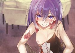 1girl absurdres bad_id bad_pixiv_id bare_arms bare_shoulders blurry blurry_background blush breast_slip breasts burn_scar collarbone commentary_request dorei_to_no_seikatsu_~teaching_feeling~ dress grin hair_between_eyes highres huge_filesize looking_at_viewer nipples penis purple_eyes purple_hair scar small_breasts smile solo suujiniku sylvie_(dorei_to_no_seikatsu) v-shaped_eyebrows rating:Explicit score:73 user:danbooru