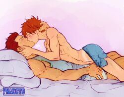  2boys bed blush brothers closed_eyes free! incest kiss lying lying_on_person male_focus male_pubic_hair male_underwear mikoshiba_momotarou mikoshiba_seijuurou multiple_boys muscular muscular_male on_back on_stomach orange_hair pectorals penis penis_peek phausto pillow pubic_hair red_hair short_hair siblings tan tank_top tanline testicle_peek topless_male underwear undressing_another yaoi 