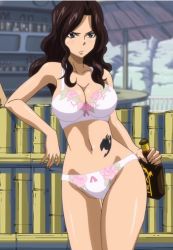  1girl alcohol blush bottle bra breasts brown_hair cana_alberona cleavage fairy_tail large_breasts leaning lingerie panties screencap serious solo standing stitched tattoo third-party_edit underwear underwear_only wavy_hair  rating:Questionable score:191 user:sandwich