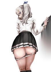 10s 1girl ass black_skirt black_socks blue_eyes commentary_request cowboy_shot from_behind hair_ribbon kantai_collection kashima_(kancolle) kneepits long_hair long_sleeves looking_at_viewer looking_back no_headwear no_headwear panties panty_pull profile pussy_juice ribbon shirt silver_hair skirt socks solo souryu twintails underwear white_panties white_shirt rating:Explicit score:47 user:danbooru