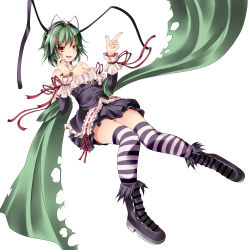 1girl alternate_costume antennae bad_id bad_pixiv_id bare_shoulders boots breasts cape cleavage collarbone corset dress female_focus frills full_body green_hair headband looking_at_viewer medium_breasts princess_wriggle red_eyes short_hair simple_background smile solo striped_clothes striped_thighhighs thighhighs touhou tsukishiro_saika white_background wriggle_nightbug zettai_ryouiki