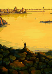 absurdres androgynous boulder fishing_rod from_behind gender_request highres house kuchibiru_(lipblue) lighthouse nature original outdoors plant reflection rock scenery sky solo torii tree twilight water yellow_sky yellow_theme rating:Sensitive score:9 user:danbooru
