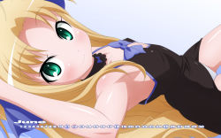  1girl armpits astarotte_ygvar black_legwear blonde_hair bow calendar choker close-up dress flat_chest green_eyes hair_bow highres loli long_hair looking_at_viewer looking_back lotte_no_omocha! lying on_back on_side open_clothes open_dress pajamas panties slit_pupils smile solo sugimura_tomokazu sundress thigh_gap twintails underwear very_long_hair wallpaper  rating:Questionable score:46 user:Dimesion252525