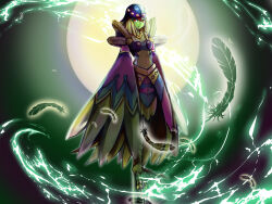  1girl animal_feet armor clothing_cutout colored_skin duel_monster falling_feathers feathers frown full_body full_moon glowing green_feathers green_skin green_theme harpy helmet highres lyrilusc_-_assembled_nightingale monster_girl moon navel red_eyes shoulder_armor shuffle115 solo stomach_cutout winged_arms wings yu-gi-oh! 