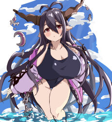  1girl bare_shoulders blush breasts colorized danua draph granblue_fantasy hizakake horns huge_breasts in_water jewelry long_hair looking_at_viewer open_mouth purple_hair red_eyes shortstack solo swimsuit thick_thighs thighs very_long_hair  rating:Sensitive score:9 user:the_lewd_guy