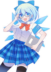  1girl :d absurdres adjusting_eyewear arm_up armband bespectacled black_thighhighs blue_armband blue_bow blue_eyes blue_hair blue_skirt blue_wings bow bowtie buttons chinese_commentary chromatic_aberration circled_9 cirno collared_shirt commentary cowboy_shot dress_shirt glasses hair_between_eyes hair_bow highres holding holding_notebook looking_at_viewer notebook open_mouth orange_bow orange_bowtie plaid plaid_skirt pleated_skirt round_eyewear shirt shocho_(shaojiujiu) short_hair short_sleeves simple_background skirt smile solo standing thighhighs touhou white_background white_shirt wings 