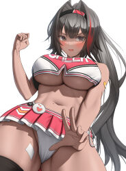  1girl ahoge anger_vein bay_(nikke) black_eyes black_hair black_thighhighs blush breasts cheerleader collar crop_top dark-skinned_female dark_skin doenji_(auto7233) from_below gluteal_fold goddess_of_victory:_nikke hair_intakes hairband large_breasts long_hair looking_to_the_side mole mole_on_stomach mole_under_mouth multicolored_hair panties ponytail red_hair red_shirt red_skirt shirt simple_background single_thighhigh skirt solo spiked_collar spikes streaked_hair thighhighs underboob underwear white_background white_panties  rating:Sensitive score:10 user:Leksa