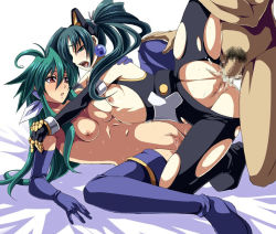  1boy 2girls anal breasts brown_eyes censored character_request cum dark_skin elbow_gloves ffm_threesome gloves green_hair group_sex long_hair multiple_girls open_mouth penis pubic_hair ribs sex small_breasts thighhighs threesome torn_clothes  rating:Explicit score:12 user:StrawHat09