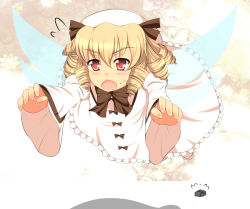  1girl bad_id bad_pixiv_id blonde_hair blush chestnut_mouth drill_hair falling female_focus hat luna_child nurumoji oriental_sacred_place red_eyes solo tears touhou tripping wings 