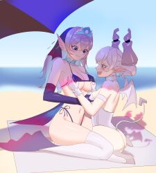  2girls absurdres ass beach beach_umbrella bikini blue_eyes blush breasts day demon_girl demon_horns demon_tail demon_wings duel_monster elbow_gloves fins flying_sweatdrops gloves grabbing grabbing_another&#039;s_breast grey_eyes grey_hair head_fins highres horns kitkallos_(yu-gi-oh!) large_breasts long_hair lovely_labrynth_of_the_silver_castle multiple_girls navel ocean open_mouth outdoors pointy_ears rare_lemon shadow swimsuit tail tearlaments_kitkallos thighhighs umbrella wings yu-gi-oh! yuri 