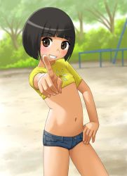  1girl anda_(pennyroyal_tea) black_hair blunt_bangs blush bob_cut breasts brown_eyes commentary_request covered_erect_nipples crop_top day denim denim_shorts flat_chest flatcheez hand_on_own_hip loli midriff navel onodera_sayaka original outdoors parted_lips playground pointing short_shorts shorts smile solo thighs underboob  rating:Questionable score:184 user:danbooru