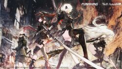  1boy 2b_(nier:automata) 3girls 9s_(nier:automata) a2_(nier:automata) android bare_shoulders black_blindfold black_dress black_hair black_thighhighs blindfold breasts copyright_name crossover dress fake_horns floating floating_object floating_weapon gloves headband highres holding holding_sword holding_weapon horns ishikawa_yui joints kazama_raita logo long_hair lucia_(punishing:_gray_raven) mechanical_arms mechanical_parts mole mole_under_mouth multicolored_hair multiple_girls nier:automata nier_(series) official_art polearm ponytail pouch prosthesis prosthetic_arm punishing:_gray_raven red_hair red_horns second-party_source short_hair spear sword thigh_pouch thighhighs two-tone_hair virtuous_contract virtuous_treaty weapon white_hair 