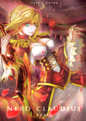  10s 1girl blonde_hair braid breasts cleavage epaulettes fate/extra fate_(series) fire fire flower gluteal_fold green_eyes indoors large_breasts looking_at_viewer nero_claudius_(fate) nero_claudius_(fate)_(all) nero_claudius_(fate/extra) rose see-through solo sword weapon wide_sleeves yamato_(genesisace) 