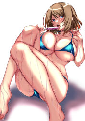 1girl bikini blue_eyes blush breasts brown_hair cleavage commission creatures_(company) derivative_work food game_freak highres huge_breasts ice_cream large_breasts looking_at_viewer micro_bikini nintendo open_mouth pixiv_commission pokemon pokemon_(anime) pokemon_xy_(anime) serena_(pokemon) short_hair solo swimsuit takecha underboob