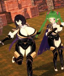  3d black_hair breasts cleavage corrin_(female)_(fire_emblem) corrin_(female)_(fire_emblem)_(cosplay) corrin_(fire_emblem) corrin_(fire_emblem)_(cosplay) cosplay fire_emblem fire_emblem_awakening green_hair huge_breasts large_breasts looking_at_viewer morgan_(female)_(fire_emblem) morgan_(fire_emblem) nah_(fire_emblem) nintendo outdoors pointy_ears pov tagme  rating:Questionable score:11 user:dfhdfh