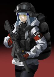 1girl arctic_camouflage assault_rifle backpack bag black_headwear black_pants blue_hair buckle chest_rig gas_mask girls&#039;_frontline gloves gradient_background green_eyes gun h&amp;k_hk416 helm helmet highres hk416_(girls&#039;_frontline) holding holding_weapon jacket mask military_jacket optical_sight pants qwer_v2 red_gloves rifle serious sight_(weapon) snap-fit_buckle solo suppressor tattoo teardrop_tattoo two-tone_background unworn_mask weapon white_jacket