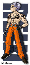arm_tattoo bare_arms bell-bottoms bloody_roar breast_tattoo crosscutter earrings fingerless_gloves gloves highres hudson_soft jewelry male_focus pants shoes takigawa_reiji tattoo wristband