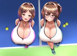  2girls absurdres arms_behind_back ball breasts brown_eyes brown_hair cleavage covered_erect_nipples fang from_above glasses hair_ornament hairband highres huge_breasts huge_filesize jewelry large_breasts looking_at_viewer mameneko_(pai) multicolored_hair multiple_girls necklace original shoes short_hair sleeveless smile sneakers sportswear streaked_hair tennis_ball tennis_court tennis_uniform  rating:Questionable score:93 user:Generic_User224