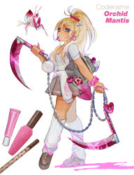 1girl absurdres bag blonde_hair blood blood_on_clothes bloody_weapon botjira bow bra_visible_through_clothes breasts candy cardigan cardigan_around_waist cleavage clothes_around_waist commentary dark-skinned_female dark_skin ear_piercing earrings english_commentary english_text fingernails flower_earrings food gyaru hair_bow hair_ornament hair_scrunchie hairclip highres holding holding_weapon jewelry kusarigama lipgloss loafers lollipop long_fingernails long_hair looking_at_viewer medium_breasts mole mole_on_cheek nail_polish_bottle orchid_mantis original piercing pink_blood pink_eyes pink_nails pink_scrunchie pleated_skirt ponytail school_bag scrunchie shirt shoes sickle skirt solo unworn_cardigan weapon white_bow white_leg_warmers white_shirt wrist_scrunchie