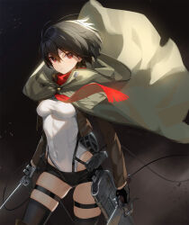 1girl ahoge alternate_eye_color alternate_weapon artist_name backlighting belt belt_buckle black_background black_gloves black_hair breasts buckle cape cloak closed_mouth clothes_lift commentary covered_navel dual_wielding eyes_visible_through_hair gloves gradient_background gun hair_between_eyes half_gloves highres hip_vent holding holding_gun holding_weapon hood hooded_cloak jacket leotard leotard_under_clothes long_sleeves looking_at_viewer medium_breasts micro_shorts mikasa_ackerman red_eyes red_scarf revision scarf shingeki_no_kyojin short_hair shorts siino skin_tight skindentation solo thighhighs twitter_username weapon wind