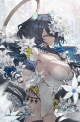  1girl animal_ears black_hair blue_eyes blue_hair breasts cleavage closed_mouth covered_navel erina_makina flower from_side groin hair_over_one_eye large_breasts leotard looking_at_viewer mechanical_arms mins_(minevi) multicolored_hair phase_connect smile solo strapless strapless_leotard streaked_hair striped_tail tail tiger_ears tiger_girl tiger_tail virtual_youtuber white_flower white_leotard  rating:Sensitive score:6 user:danbooru