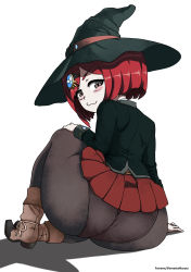 &gt;:3 1girl ass black_pantyhose blush blush_stickers bob_cut boots brown_eyes come_hither danganronpa_(series) danganronpa_v3:_killing_harmony flat_chest from_behind hair_ornament hairclip hat highres huge_ass kyojiri_loli loli looking_at_viewer miniskirt panties panties_under_pantyhose pantyhose plump red_hair school_uniform shimetta_masuta short_hair sitting skirt smile solo thick_thighs thighs underwear wide_hips witch_hat yumeno_himiko rating:Questionable score:181 user:armorcrystal