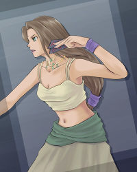  1girl altostyle arc_the_lad arc_the_lad_ii breasts brown_hair card choker female_focus green_eyes long_hair lowres midriff sania skirt solo tank_top wristband 