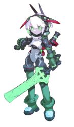 1girl armor bright_pupils cheri_zao full_body green_eyes green_hair headgear highres holding holding_sword holding_weapon joints multicolored_hair original ringed_eyes robot_girl robot_joints short_hair simple_background solo sword two-tone_hair weapon white_background white_hair white_pupils  rating:General score:3 user:danbooru