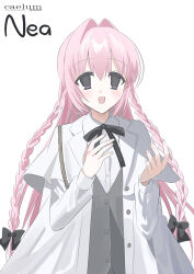  1girl black_bow bow braid character_name chihuri collared_shirt dress_shirt grey_vest hair_between_eyes hair_bow hair_intakes hands_up highres jacket long_hair long_sleeves nea_(chihuri) open_clothes open_jacket original pink_hair puffy_long_sleeves puffy_sleeves purple_eyes revision shirt simple_background solo twin_braids upper_body very_long_hair vest white_background white_jacket white_shirt 
