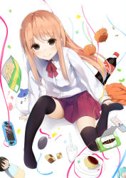  10s 1girl bad_id bad_pixiv_id black_thighhighs bottle checkerboard_cookie chips_(food) cola cookie doma_umaru dress_shirt food hamster handheld_game_console himouto!_umaru-chan looking_at_viewer miniskirt necolumbus no_shoes nosaki_viola playstation_vita potato_chips pudding school_uniform shirt simple_background skirt snack soda_bottle solo thighhighs white_background 
