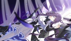  1girl absurdres black_bow bow breasts closed_mouth dress falling_feathers feathers highres honkai_(series) honkai_impact_3rd kafka_(honkai_impact) lazy_yuanying long_hair lying on_side pages panties purple_eyes purple_hair skirt umbrella underwear white_dress white_panties 
