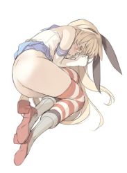 1girl ass bare_shoulders blade_(galaxist) blonde_hair boots brown_eyes elbow_gloves fetal_position full_body gloves grey_footwear hairband kantai_collection long_hair no_panties plantar_flexion shimakaze_(kancolle) simple_background solo striped_clothes striped_thighhighs thighhighs white_background white_gloves rating:Questionable score:38 user:danbooru