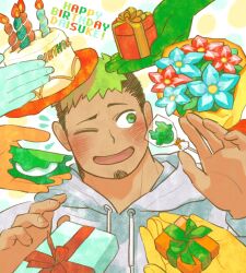  1boy bara birthday_cake black_hair blush bouquet box cake candle candy character_name facial_hair flower food gift gift_box goatee green_eyes green_hair grey_hoodie happy_birthday holding holding_food holding_gift hood hoodie ikusaba_daisuke kashiwa_mochi_(food) lollipop looking_to_the_side male_focus one_eye_closed out_of_frame portrait shaped_lollipop short_hair solo tokyo_houkago_summoners tsuna_(so_da77) undercut 