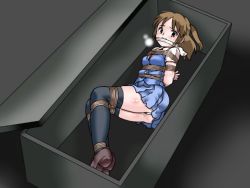 1girl bdsm bondage bound box brown_hair cleave_gag cloth_gag full_body gag gagged improvised_gag in_box in_container lilish loli rope school_uniform solo tagme thighhighs rating:Explicit score:42 user:omar-007