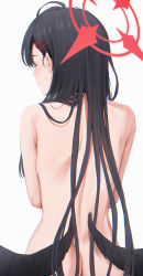  1girl ass black_hair black_wings blue_archive completely_nude feathered_wings from_behind hair_ornament hairclip halo highres ichika_(blue_archive) long_hair low_wings mikazuchi_zeus nude red_halo upper_body white_background wings 
