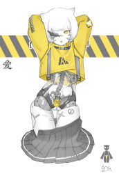  1girl android animal_ears arms_up artificial_vagina borrowed_character cat_ears cowboy_shot highres jacket liren44 mechanical_pussy open_mouth pleated_skirt see-through_body sex_toy short_hair skeleton skirt skirt_around_legs solo strap white_background white_hair yellow_eyes yellow_theme zipper  rating:Sensitive score:148 user:HomeStruck