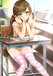 1girl :3 absurdres blue_skirt blush brown_eyes brown_hair chair classroom collarbone crayon denim denim_skirt desk flat_chest hair_ornament hairclip head_rest highres loli long_hair looking_at_viewer naughty_face ninyo_(user_pddg5877) off_shoulder orange_shirt panties paper pink_thighhighs scissors shirt short_sleeves sitting skirt smile solo striped_clothes striped_panties striped_thighhighs thighhighs twintails underwear upskirt white_panties window rating:Questionable score:174 user:shimpo